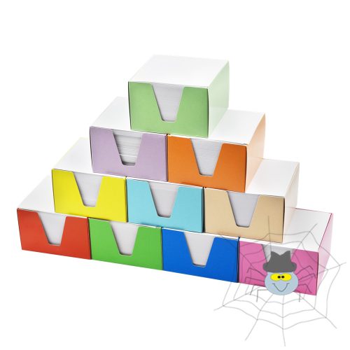 Kockatömb 9x9x6cm, színes karton doboz tartóban - fehér lapok