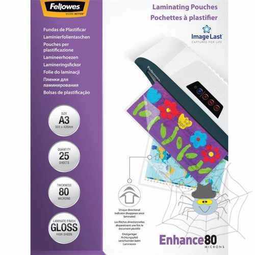Lamináló fólia, A3, 80 mikron, fényes, 25 db/doboz, Fellowes®