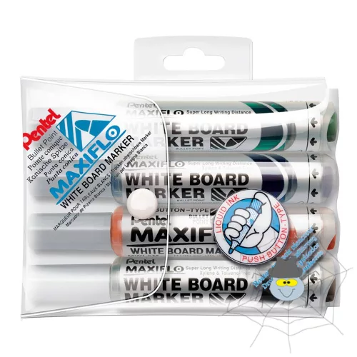 Táblamarker készlet, 2,5mm, kerek hegyű, Pentel Maxiflo, 4 klf. szín